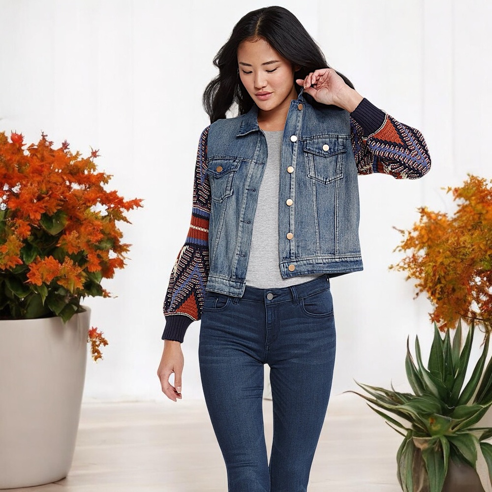 Flying Tomato Retro Vagabond Knit Balloon Sleeves Denim Jacket - Picture 14 of 16